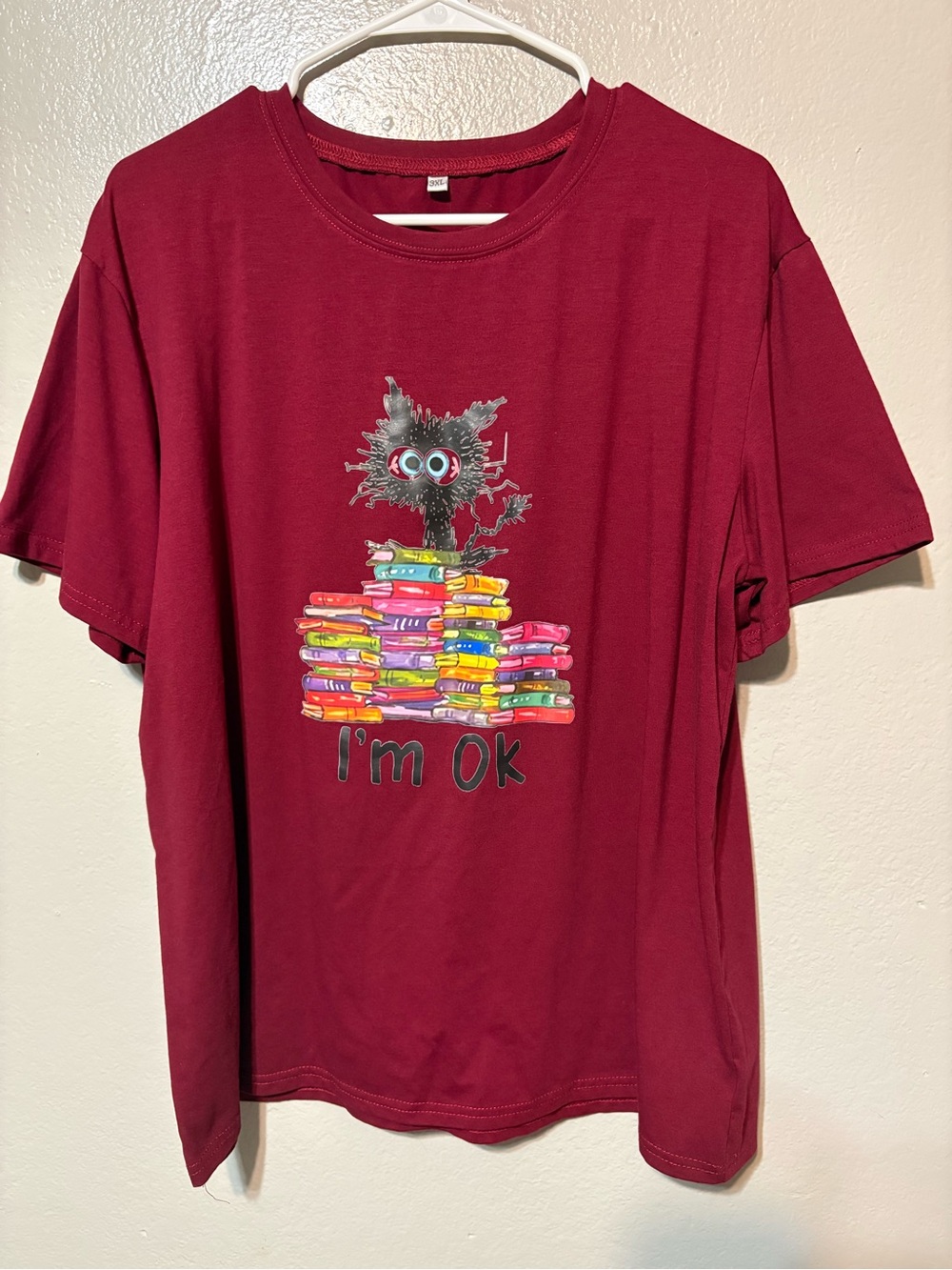 Cute Women’s Stressed out animal I'm Ok' Cat & Books Graphic Tee - Burgundy
